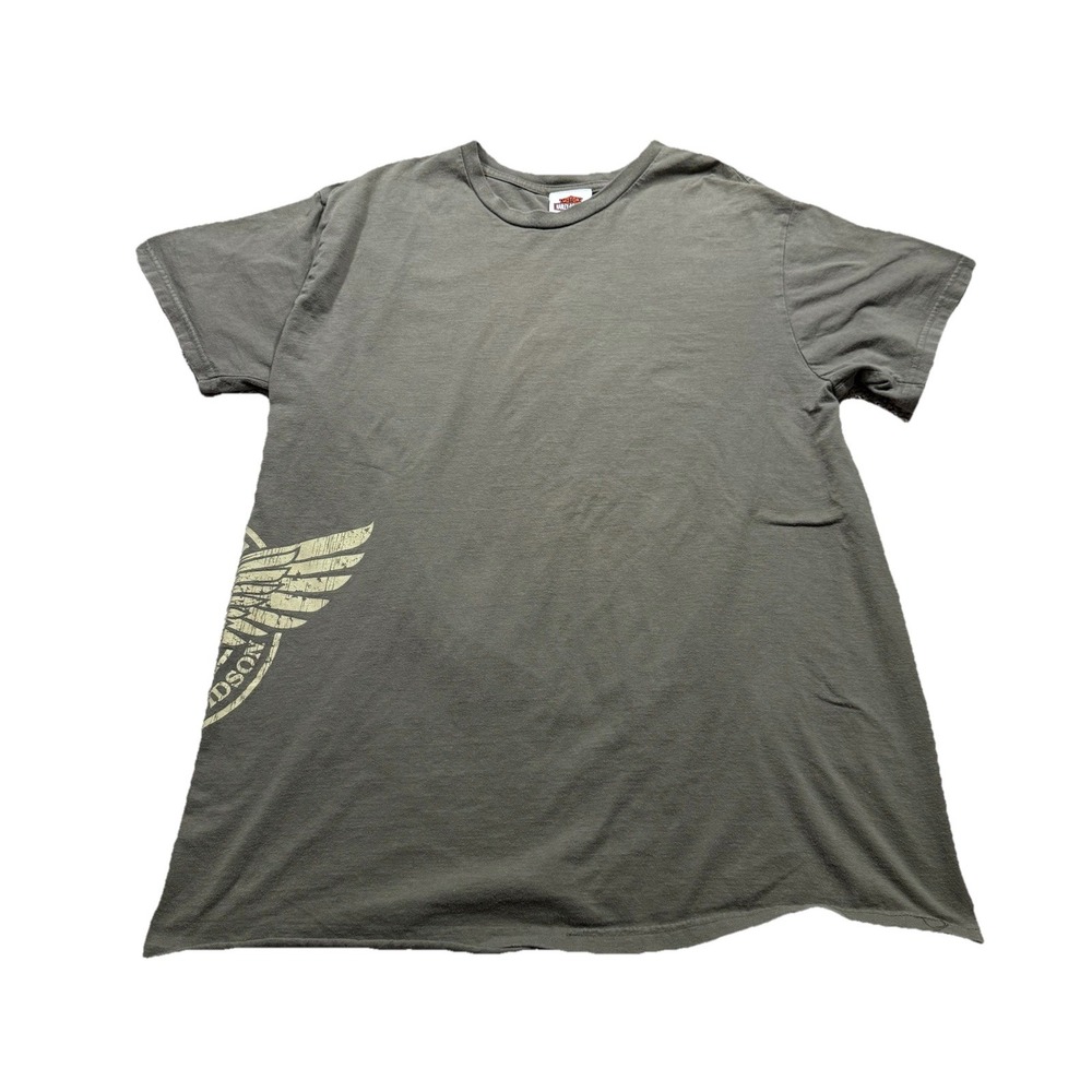Harley Davidson Olive Green Beige Graphic Shirt Bikercore Skater Grunge Retro ML